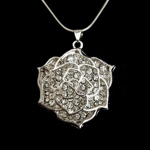 Silver And White Crystal Rose Pendant Necklace